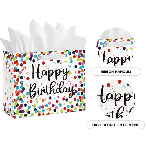 13 Inch Large Birthday Gift Bag With Tissue Paper And Card Happy Birthday Dots Streamers Gift Bag For Men Women Kids