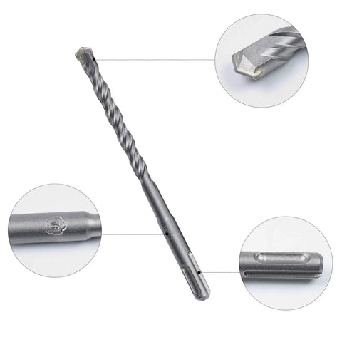 Close-up of drill bit details from 17 Piece Hammer Drill Bits And Chisels Set With SDS Plus Shank, Concrete Masonry Drill Bits.