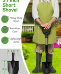 Man holding a heavy duty garden shovel with D-handle, 31-inch steel spade featuring sharp round point and comfort grip, rust-resistant.