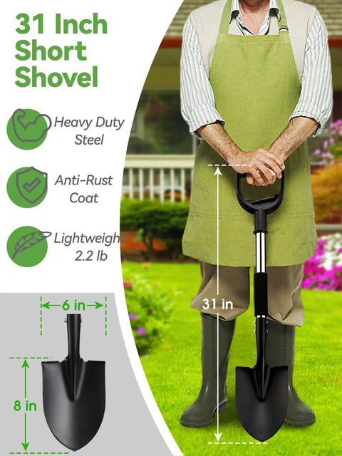 Man holding a heavy duty garden shovel with D-handle, 31-inch steel spade featuring sharp round point and comfort grip, rust-resistant.