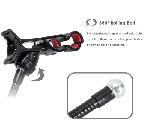 Close-up of the adjustable top clip and rolling ball of the Badass Flex Gooseneck Cell Phone Holder For Desk And Bedside Ultra Tough Long Arm Clip Mount Compatible With All Iphones And Android Phones In Black.