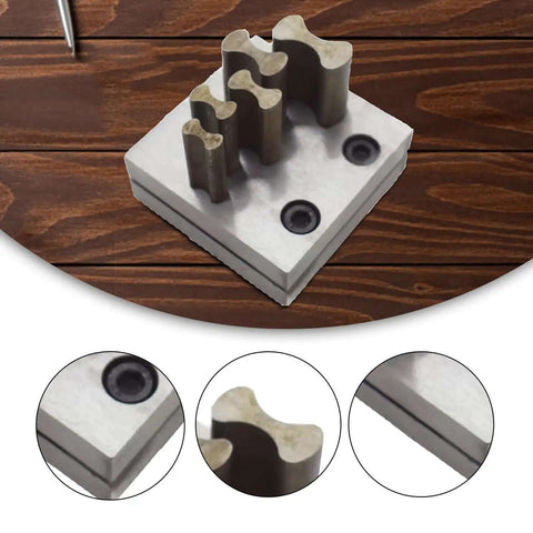 Disc Cutter Hole Punch Forming Tool With Five Sizes 12 To 25 mm for jewelry making, shown on a wooden background with tool close-ups.