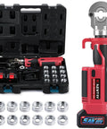 Pro Grade Built Tough Cordless Hydraulic Cable Lug Crimper Six Ton Electric Terminal Pliers with complete die kit in storage case.