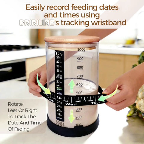 Pro Sourdough Bread Starter Kit With 34 Oz Jar Funnel Opening Silicone Cover and tracking wristband for feeding dates.