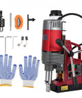 Heavy Duty 1550W Magnetic Drill Press For Metalwork with accessories, gloves, and drill bits displayed.