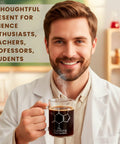 Man holding Caffeine Molecule Beaker Mug With Handle, Clear Glass Measuring Cup Coffee Cup, steaming, in a lab coat, smiling.