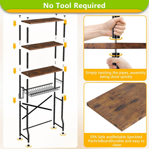 Assembly diagram of Four Tier Over The Toilet Storage Shelf Organizer For Bathroom Freestanding 4 Shelf Cabinet With Waterproof Feet Basket Easy Assembly Space Saver Durable Particle Board Brown.