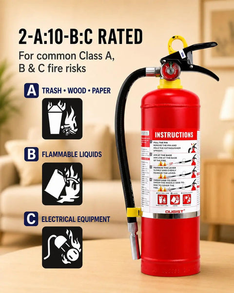 Totally Bulletproof 5 Lb Abc Dry Chemical Fire Extinguisher 2 Pack with instructions for Class A, B, and C fire risks.