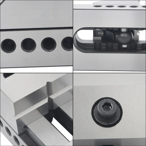 Close-up details of 3 X 7 Inch Screwless Vise, Steel Construction, Heavy Duty Surface Milling Vise, Rapid Clamp Jaws, Alloy Tool Steel HRC 58 62