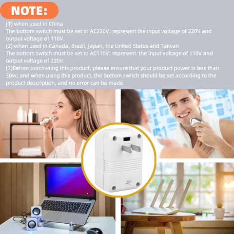Travel Ready 70W Voltage Converter From 110V Or 120V To 220V Or 240V with usage instructions and lifestyle examples