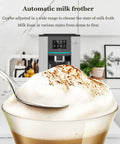 Smooth milk foam topped coffee with spoon, showcasing Automatic Desktop Espresso Maker With Smart Touch Interface For Dope Morning Brews And Silky Milk Foam No Hassle One Tap Brewing For Home Office Or Cafe Setup Grab The Daily Kick.