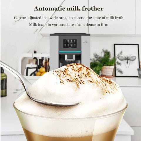 Smooth milk foam topped coffee with spoon, showcasing Automatic Desktop Espresso Maker With Smart Touch Interface For Dope Morning Brews And Silky Milk Foam No Hassle One Tap Brewing For Home Office Or Cafe Setup Grab The Daily Kick.