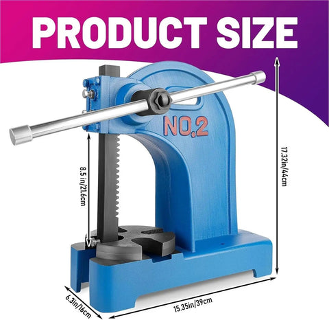 Rock Solid 2 Ton Manual Arbor Press Heavy Duty Cast Iron Desktop Bench Press Featuring Durable Anti Rust Coating with size dimensions.