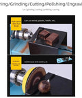 Industrial Mini Lathe Machine 12-24V With Precision Drill Chuck For DIY Wood Beads Metalworking And Engraving High Speed Adjustable Rotating Tool For Crafts showing wood and metal cutting operations.