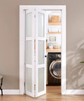 Space-Saving Bifold Door For 30x80 Opening, Tempered Frosted Glass Closet Folding Barn Door With Hardware Kit, installed in laundry room