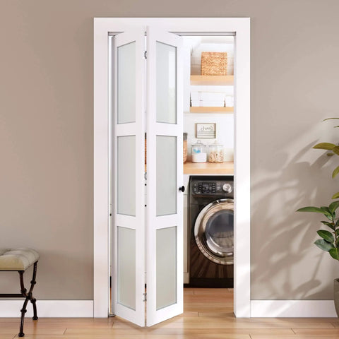 Installed Bifold Closet Door For 24x80 Opening With Tempered Frosted Glass Folding Barn Door Kit Water Resistant PVC Surface