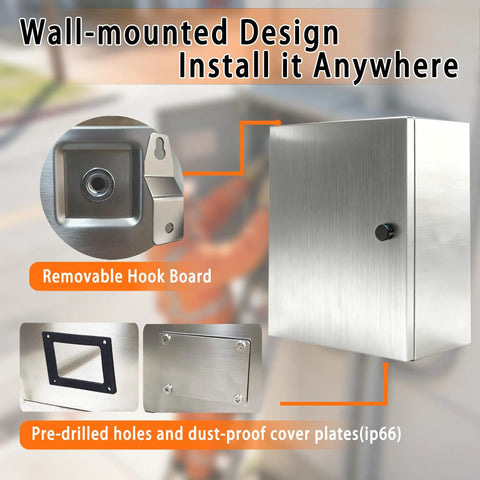 Rock Hard 12x12x8 Inch Stainless Steel Electrical Enclosure Nema 4X IP66 showing removable hook board and pre-drilled holes.