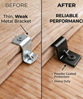 Hella Sturdy Zinc Plated Table Top Fasteners And Z Clips Black 40 Pack comparison of metal bracket performance before and after installation.