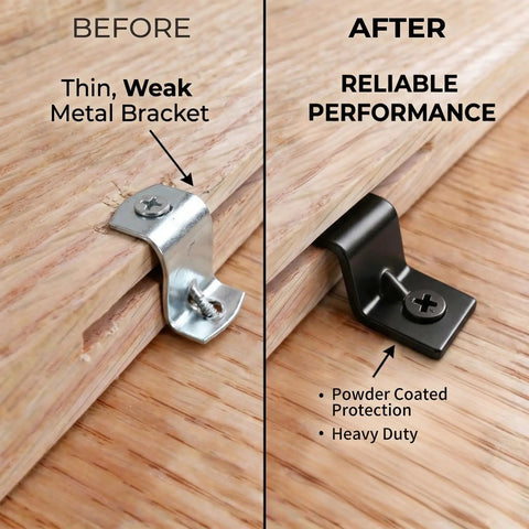 Hella Sturdy Zinc Plated Table Top Fasteners And Z Clips Black 40 Pack comparison of metal bracket performance before and after installation.