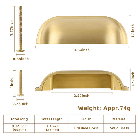 Dimensions diagram of Brushed Matte Gold Brass Cabinet Drawer Pulls, featuring solid brushed brass, 3.54 inch width, rust-resistant hardware.