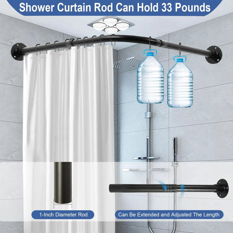 Rock Solid Black Corner Shower Curtain Rod, Adjustable 24 To 53 Inches, L Shaped 90 Degree With Ceiling Support, Includes 12 Ring Hooks, No Slip Installation For A Strong Bathroom Upgrade, black 1-inch rod in shower with curtain