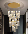 Modern Staircase Chandeliers Led Pendant Light for High Ceiling,Residence with golden circular base and layered translucent panels.