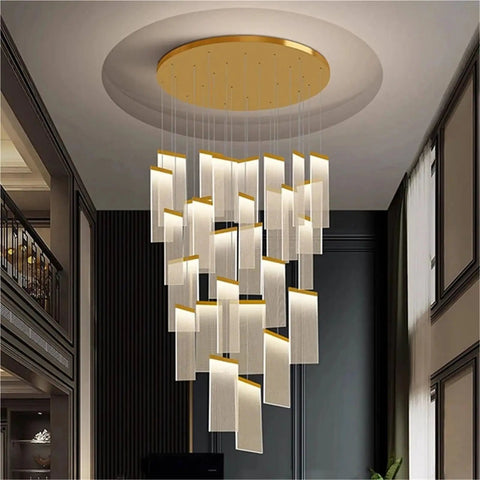 Modern Staircase Chandeliers Led Pendant Light for High Ceiling,Residence with golden circular base and layered translucent panels.
