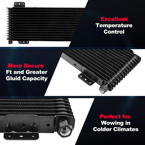 Close-up of black LPD47391 oil cooler with plate-style design, showing temperature control benefits and installation brackets.