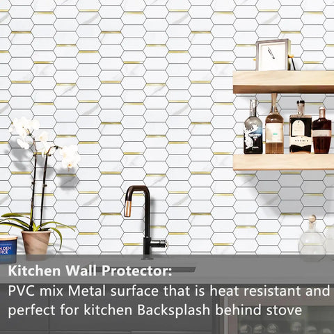 Kitchen with Long Hexagon Peel And Stick Backsplash Tiles Dope Look 10 Sheets 12.4 By 12 Inch White Marble Look PVC Mixed Metal Gold
