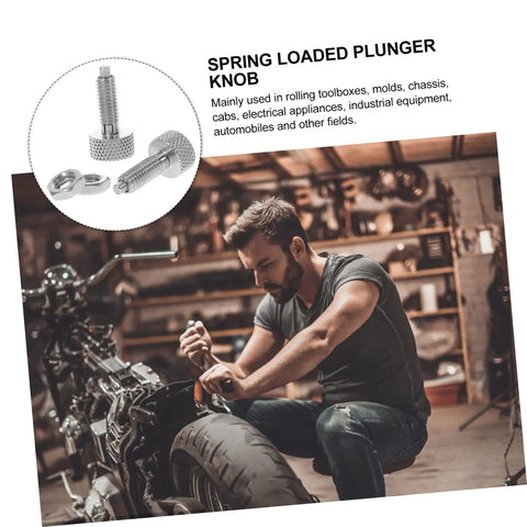 Built Like A Tank Locking Spring Plunger Pins For Rolling Toolboxes Stainless Steel Indexing Detent Bolts, shown on a workbench.