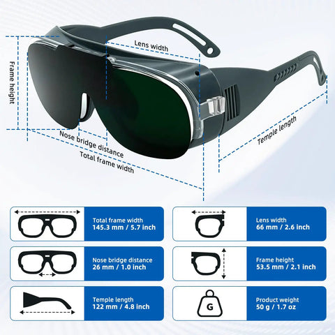 Swappable Dual Lens Welding Glasses ANSI Z87.1 Certified Safety Eyewear with dimensions labeled for accurate fitting.