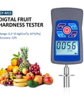 Slick Pocket Sized Digital Fruit Hardness Tester With Dead Accurate Peak Readings And Reliable Buzzer Alarm Perfect For Checking Fresh Pears Grapes And Oranges 0.2 To 30 Kgf Per Cm Squared next to assorted colorful fruits.