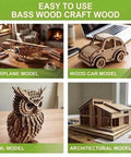 Basswood sheets 12x12 1/8 in; collage of four craft projects: airplane model, wooden car model, owl model, architectural model.