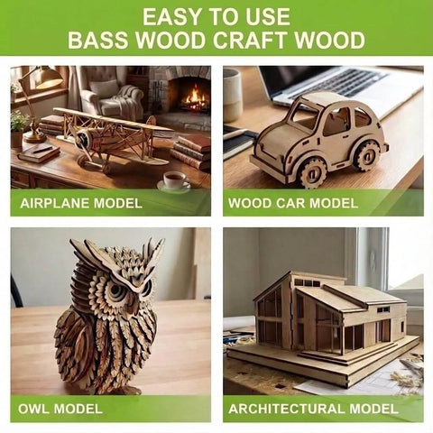 Basswood sheets 12x12 1/8 in; collage of four craft projects: airplane model, wooden car model, owl model, architectural model.