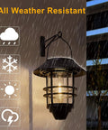 2 Pack Solar Lanterns Outdoor Hanging Lights For Porch Fence Yard Glass Metal Waterproof Dusk To Dawn Auto On Warm White LED Garden Lanterns With Wall Mount Bracket illuminated in rain