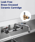 Sepaitek 8" Center Wall Mount Commercial Kitchen Sink Faucet with 10" Spout featuring brass-encased ceramic cartridge.