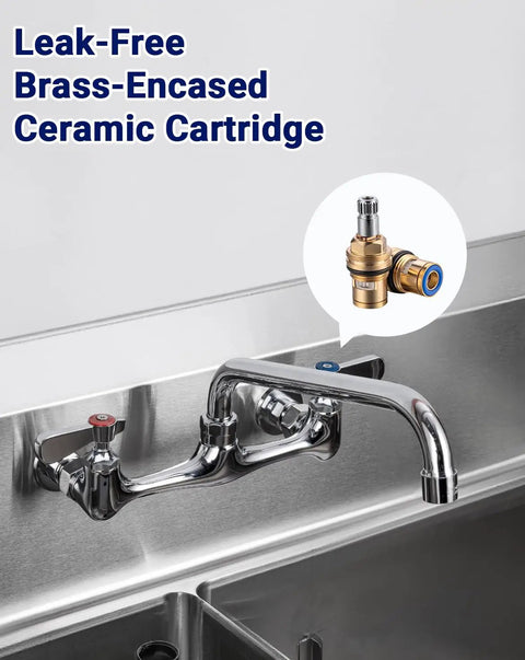 Sepaitek 8" Center Wall Mount Commercial Kitchen Sink Faucet with 10" Spout featuring brass-encased ceramic cartridge.