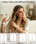 Woman using a 7 In 1 Facial Care Machine With Oxygen Boost For Deep Cleansing Hydration Pore Tightening Anti Aging And Spa Grade Home Salon Treatments Easy To Use Device For Pro Results At Home with four glass tubes.