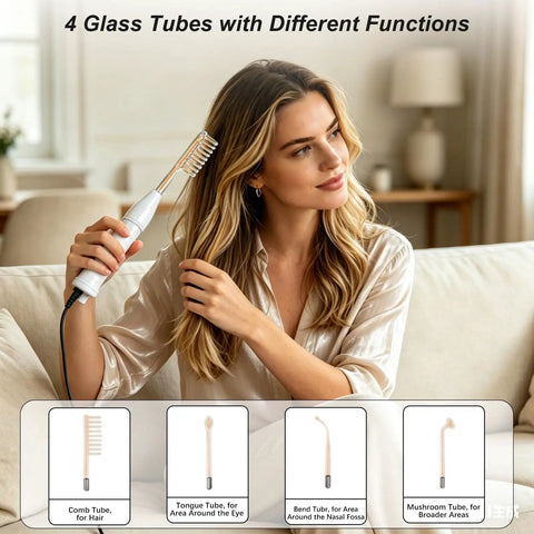 Woman using a 7 In 1 Facial Care Machine With Oxygen Boost For Deep Cleansing Hydration Pore Tightening Anti Aging And Spa Grade Home Salon Treatments Easy To Use Device For Pro Results At Home with four glass tubes.