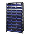 Heavy Duty Steel Shelving Rack Loaded With Twenty Seven Magnum Organizing Bins, sturdy blue bins on black frame, perfect for garage storage.