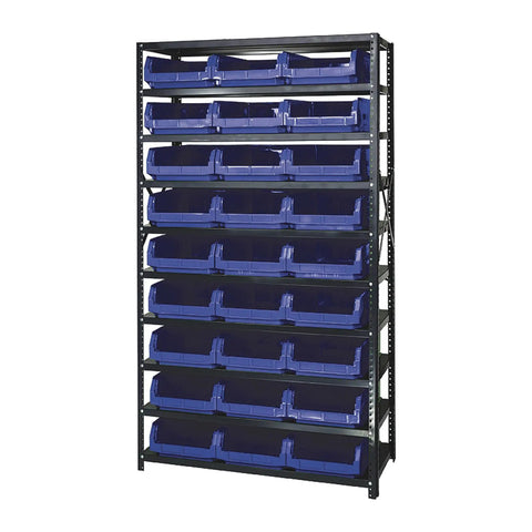 Heavy Duty Steel Shelving Rack Loaded With Twenty Seven Magnum Organizing Bins, sturdy blue bins on black frame, perfect for garage storage.