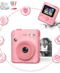 Kids Camera With Instant Print For Ages 4 To 10 Boys And Girls, Safe Kid Friendly Gadget With Shockproof Drop Protection, 6 Layer Safety, Triple Battery Anti Ignition, Easy Snap And Print, Ideal Birthday Gift And Photo Printer Toy, pink front view with printed photo