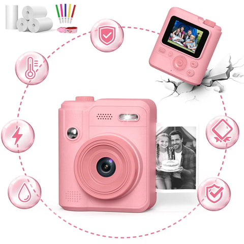 Kids Camera With Instant Print For Ages 4 To 10 Boys And Girls, Safe Kid Friendly Gadget With Shockproof Drop Protection, 6 Layer Safety, Triple Battery Anti Ignition, Easy Snap And Print, Ideal Birthday Gift And Photo Printer Toy, pink front view with printed photo