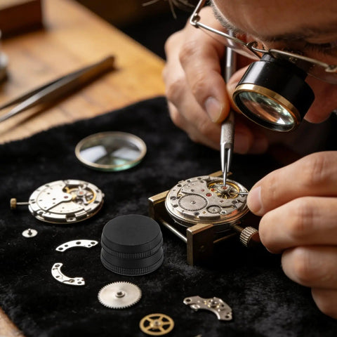 Gearhead Watchmakers Oil Dish Ceramic Reservoir For Precise Lubrication in use during watch repair with tiny components