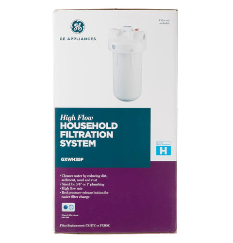 Box of High Flow Household Filtration System by GE Appliances illustrating Heavy Duty Whole Home Pre Filtration System For Main Water Line With Basement Easy Install Premium Filtration Reduces Sediment Scale Dirt And Rust To Protect Appliances Plumbing Fixtures And Pipes.