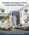 Portable Emergency Hand Crank Generator With Adjustable Cob Led Light USB charging, aluminum build, features LCD meter and dimmable light.
