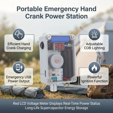 Portable Emergency Hand Crank Generator With Adjustable Cob Led Light USB charging, aluminum build, features LCD meter and dimmable light.