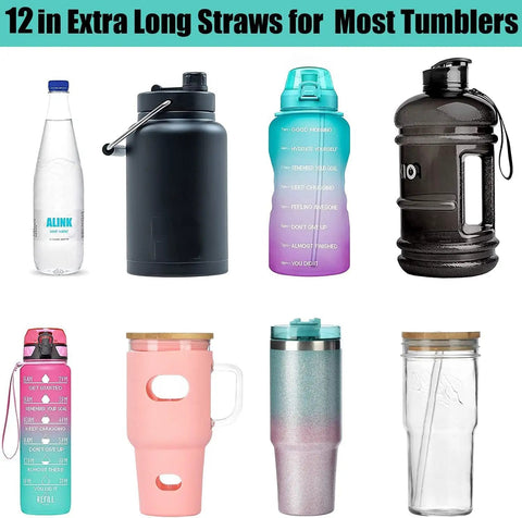 Assorted tumblers and bottles in various sizes compatible with 12 Inch Stainless Steel Straws Replacement Set