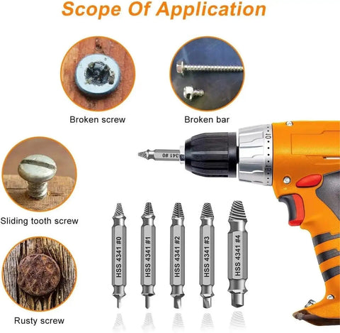 Hot Deal Stripped Screw Extractor Kit With Left Tapered Drill Bits For Easy Removal Of Damaged Bolts And Screws High Carbon Steel DIY Tool Set Five Piece Gadgets For Woodworking Pros Making Repairs A Breeze, 5-piece HSS 4341 drill bits on drill