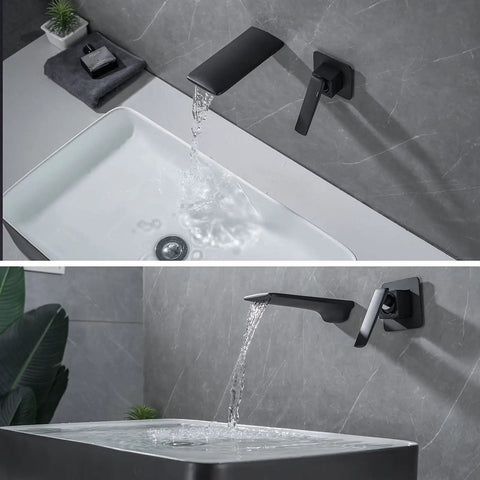 Wall Mount Waterfall Bathroom Faucet Matte Black for Vanity Sink, lead free brass, single handle, zero splash basin tap